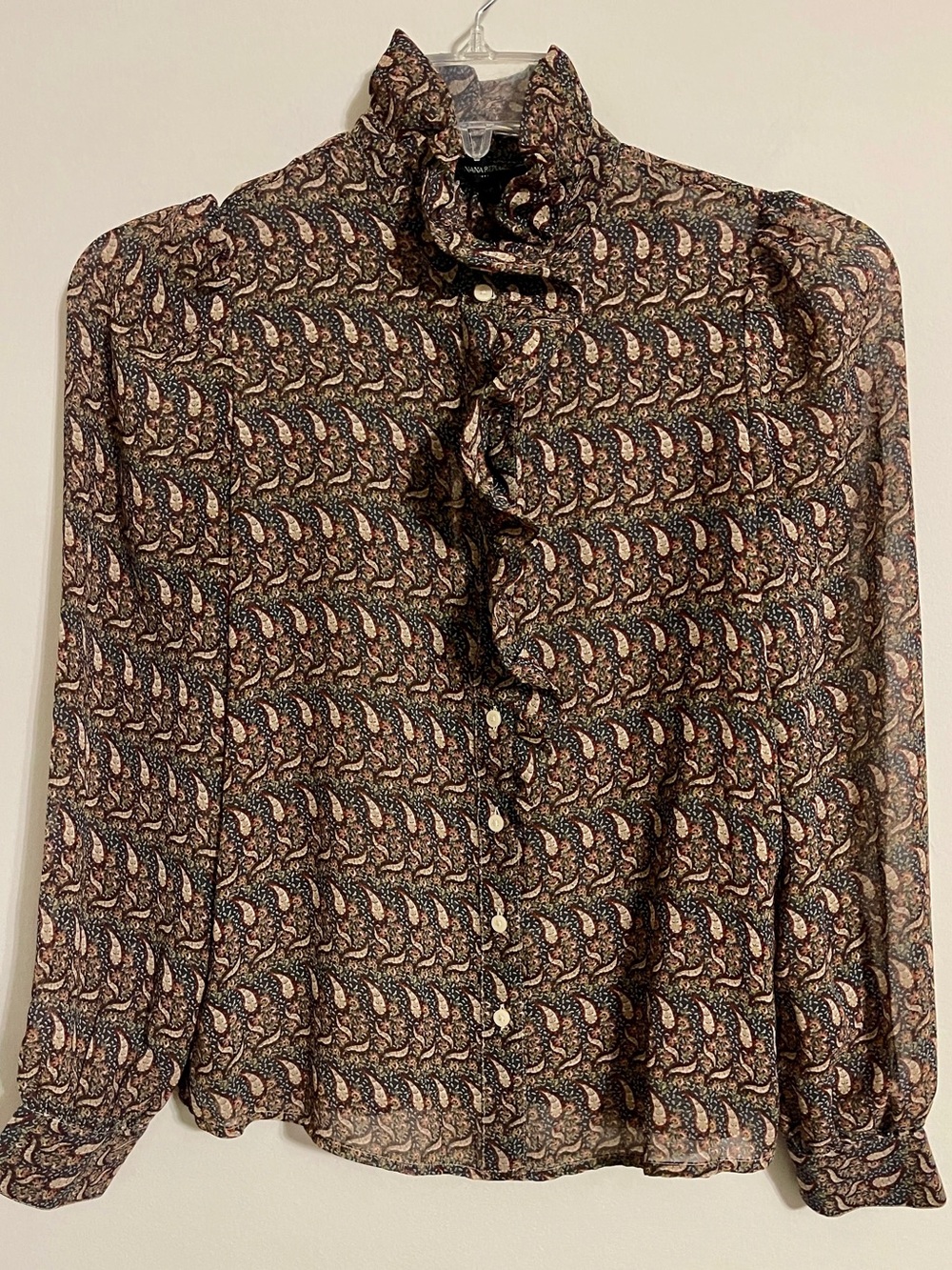 Banana Republic Sheer Paisley Ruffle Blouse Chiffon Victorian Mock Neck Size XS